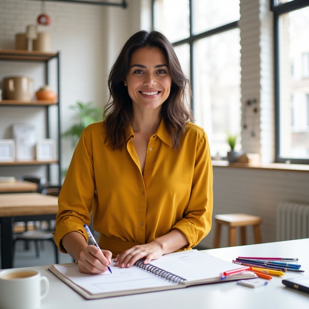 Women entrepreneur writing business financial plan in a bright workshop setting