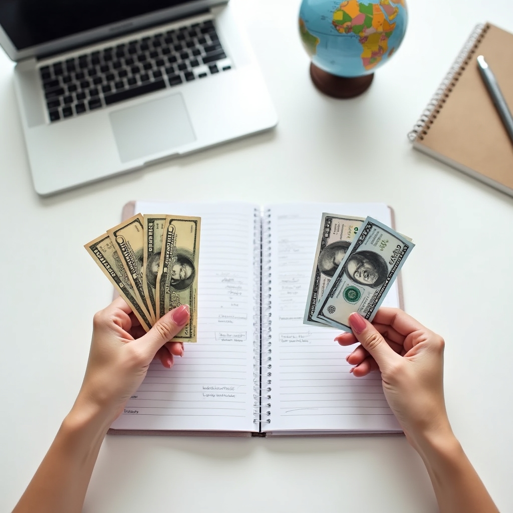 Woman planning cross-border finances with two currency notes on a desk, laptop open to financial planning tool