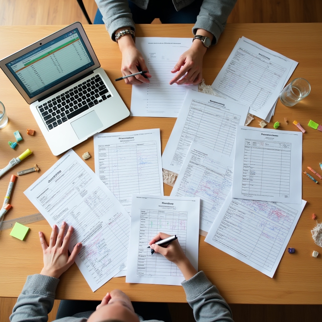 Financial worksheets and calculation tools spread on a wooden table with colored pens