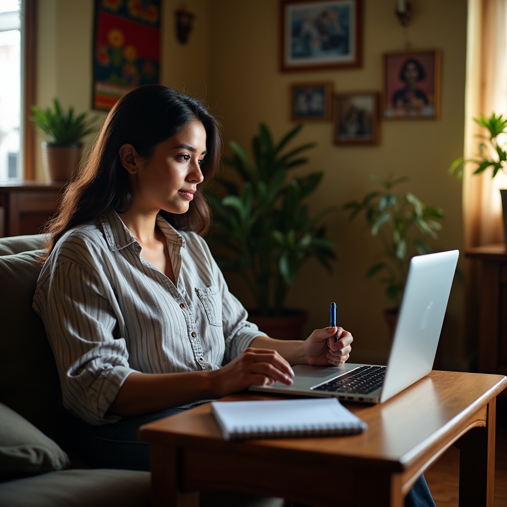 Woman attending online class about household budgeting on a laptop at home