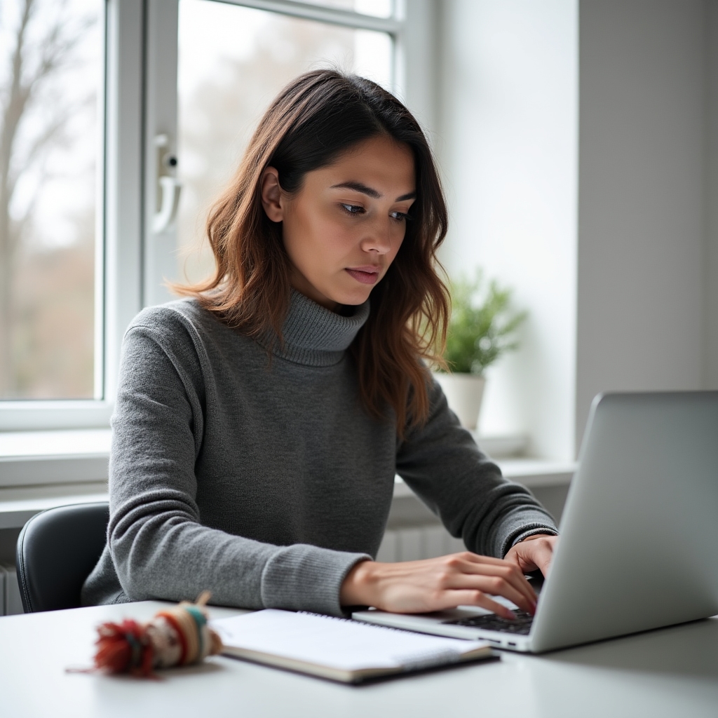 Ecuadorian woman entrepreneur working from her home abroad with notebook and laptop, warm natural light