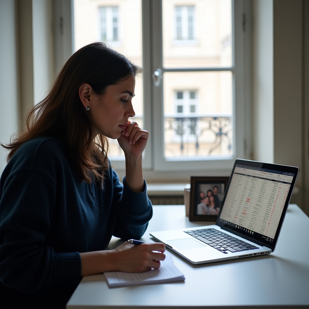 Ecuadorian woman living abroad managing finances on laptop with family photo nearby