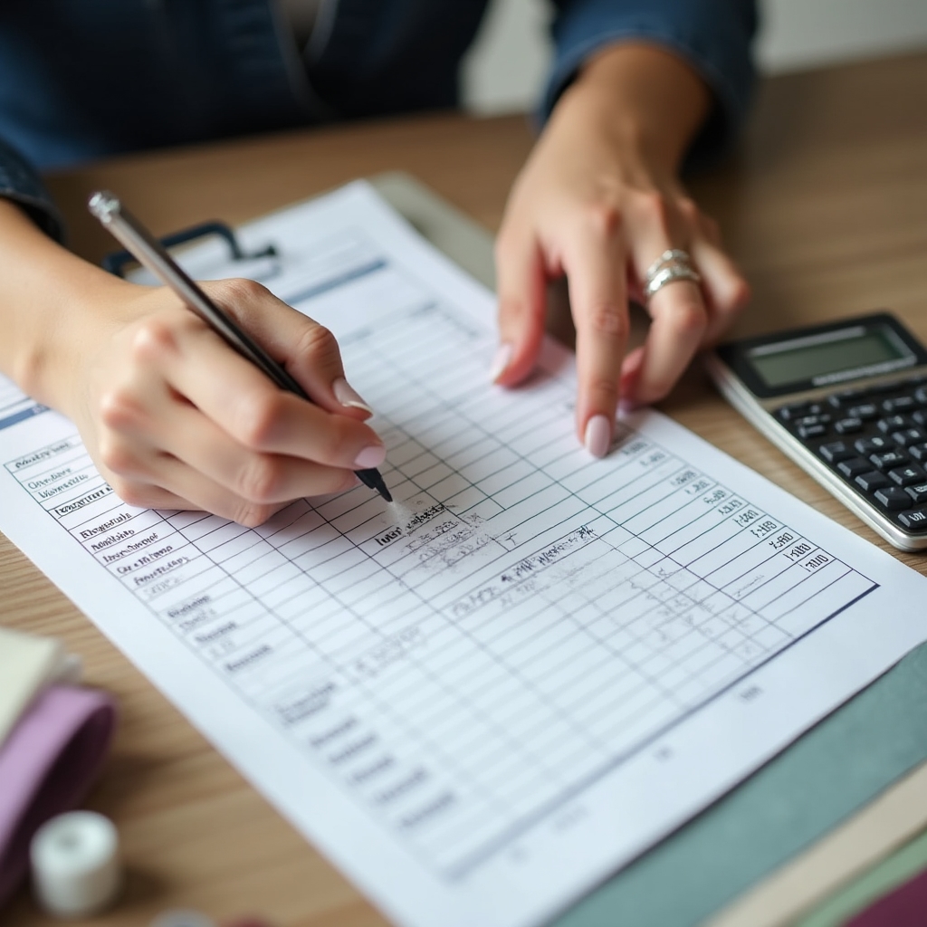 Close-up of a woman calculating prices for her handmade products with notebook and calculator