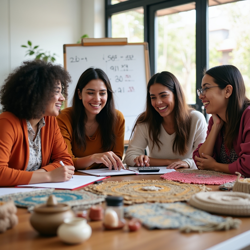Group of women in a workshop learning to calculate prices for their handmade products