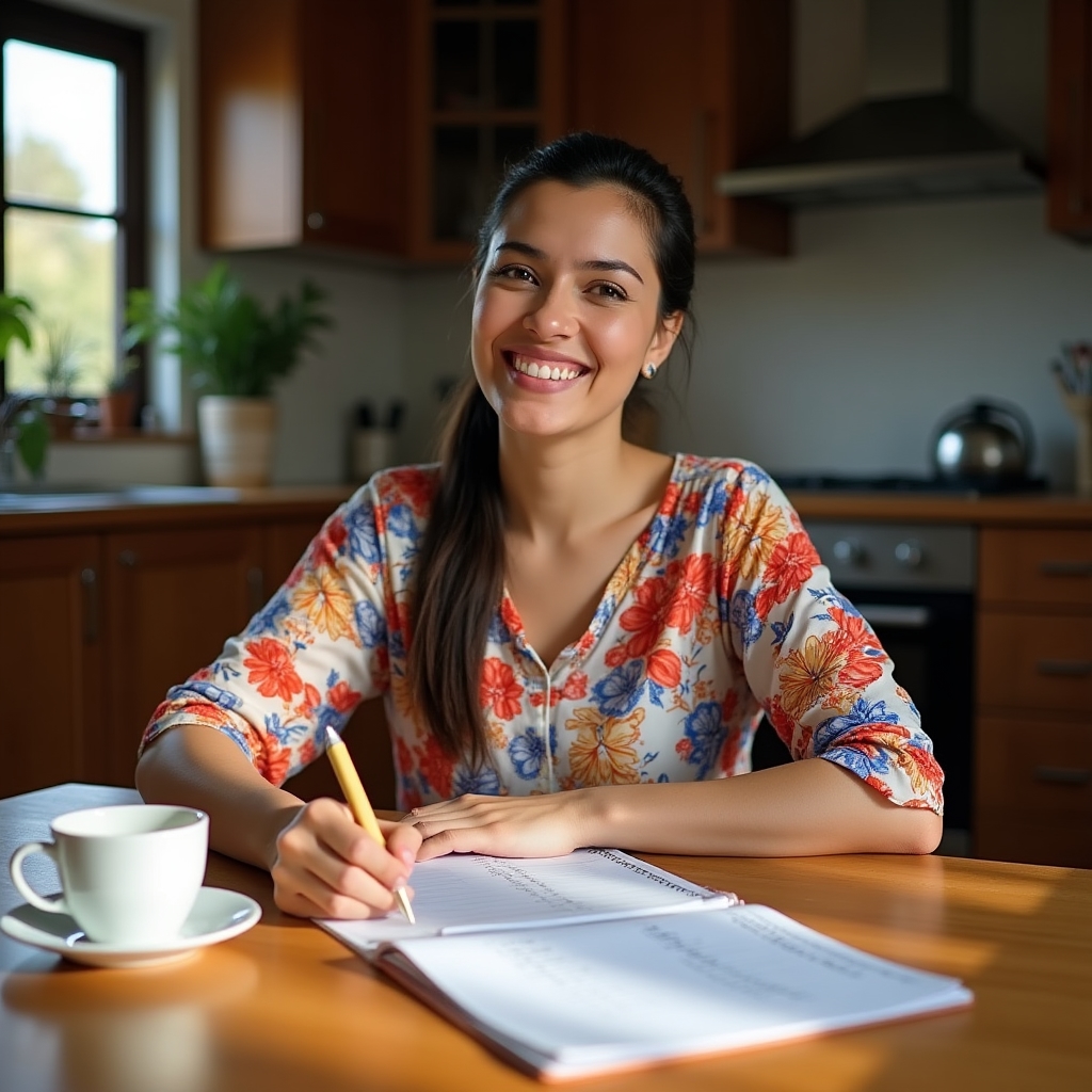Ecuadorian woman entrepreneur reviewing household and business budget on a table